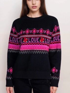 Johnny Was Fairisle Pullover Sweater XS Black LOVE Sequin Rose Wool/Cashmere*K15
